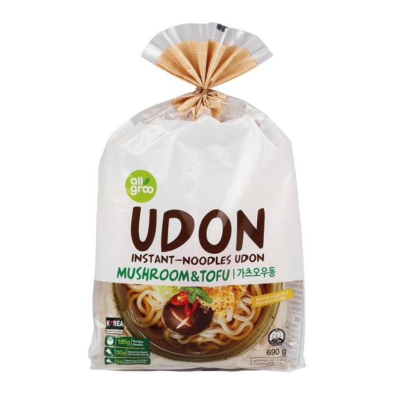 Allgroo Instant Udon Noodles Tofu and Mushrooms 3x230gr